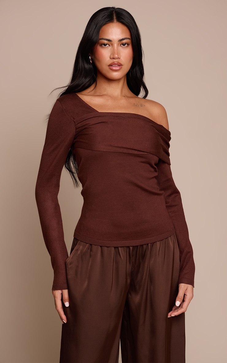Chocolate Long Sleeve Asymmetric Shoulder Knitted Top image 1