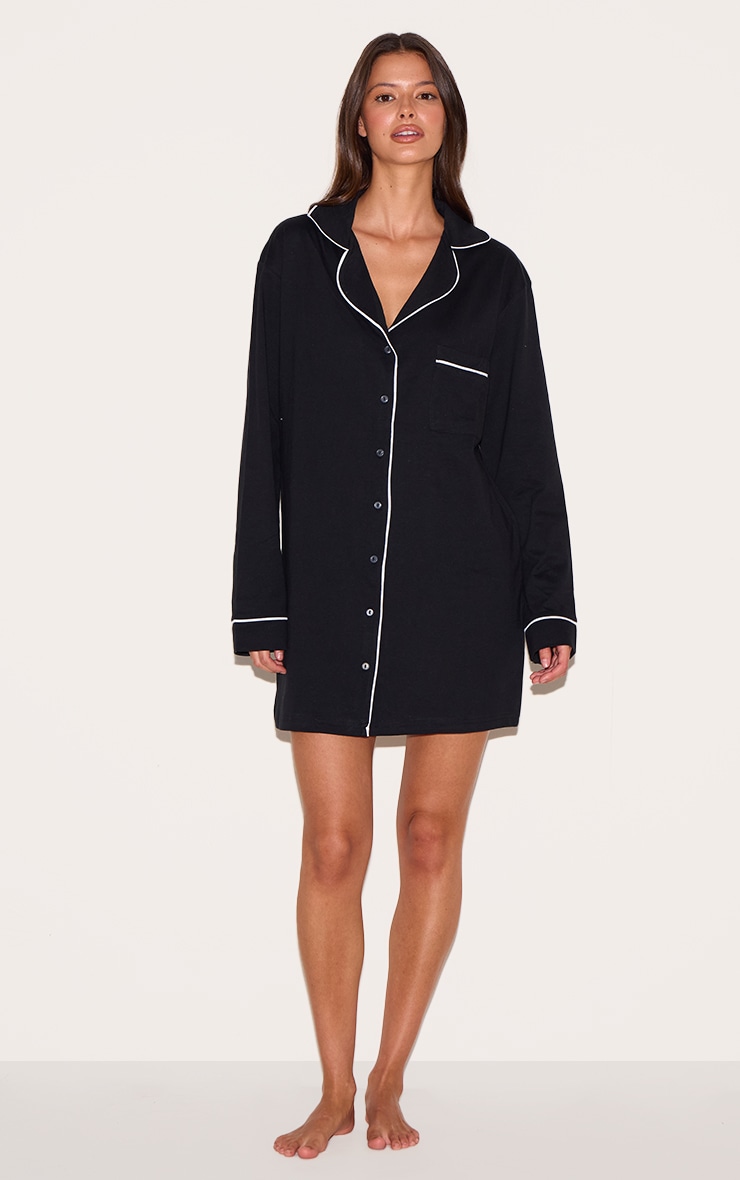 Black Jersey Piping Detail Long Sleeve Nightdress image 3