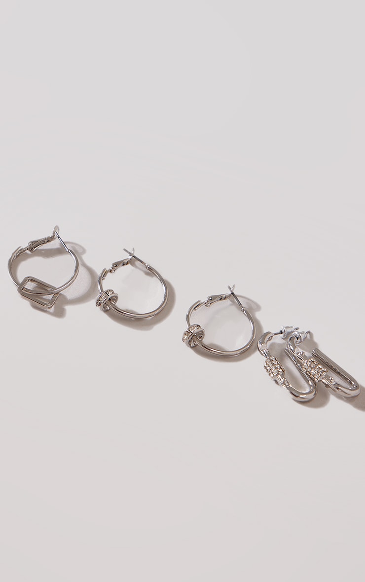 Silver Long Link Diamante Hoop Earrings Multipack image 3