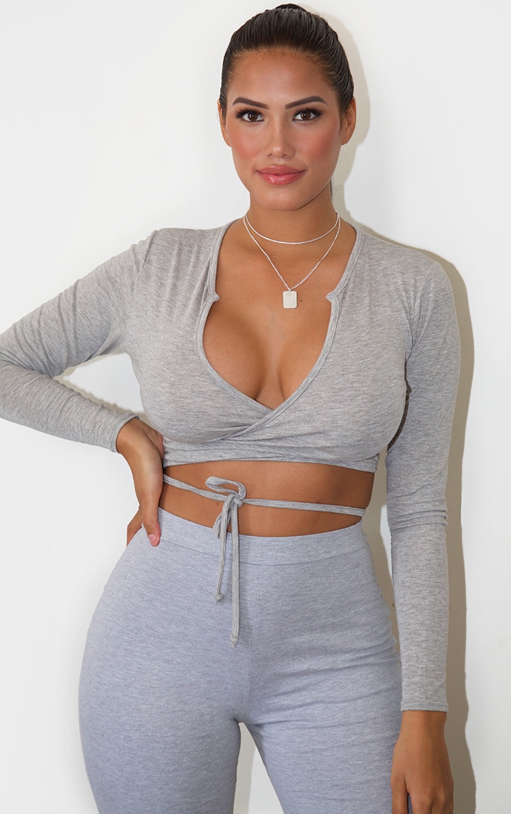 Shape Grey Jersey Tie Front Long Sleeve Crop Top