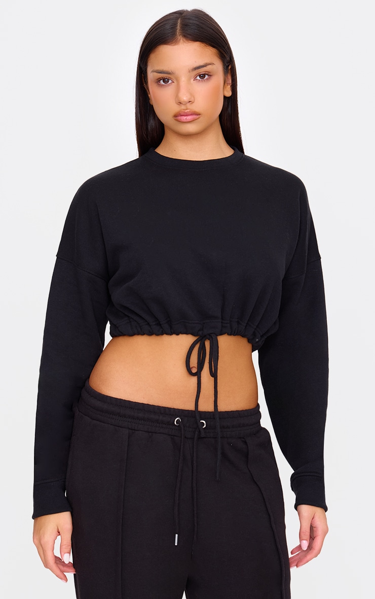 Drawstring Hem Cotton Sweatshirt Black