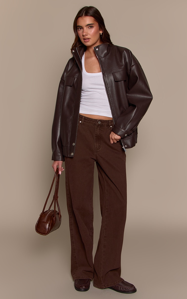 Chocolate Funnel Neck Concealed Placket Faux Leather Jacket image 3