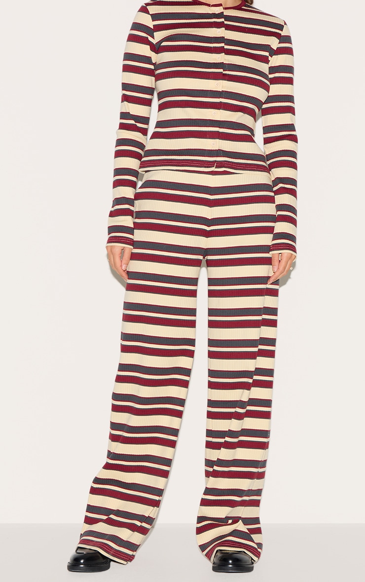 Burgundy Striped Mid Rise Ribbed Straight Leg Pants image 2