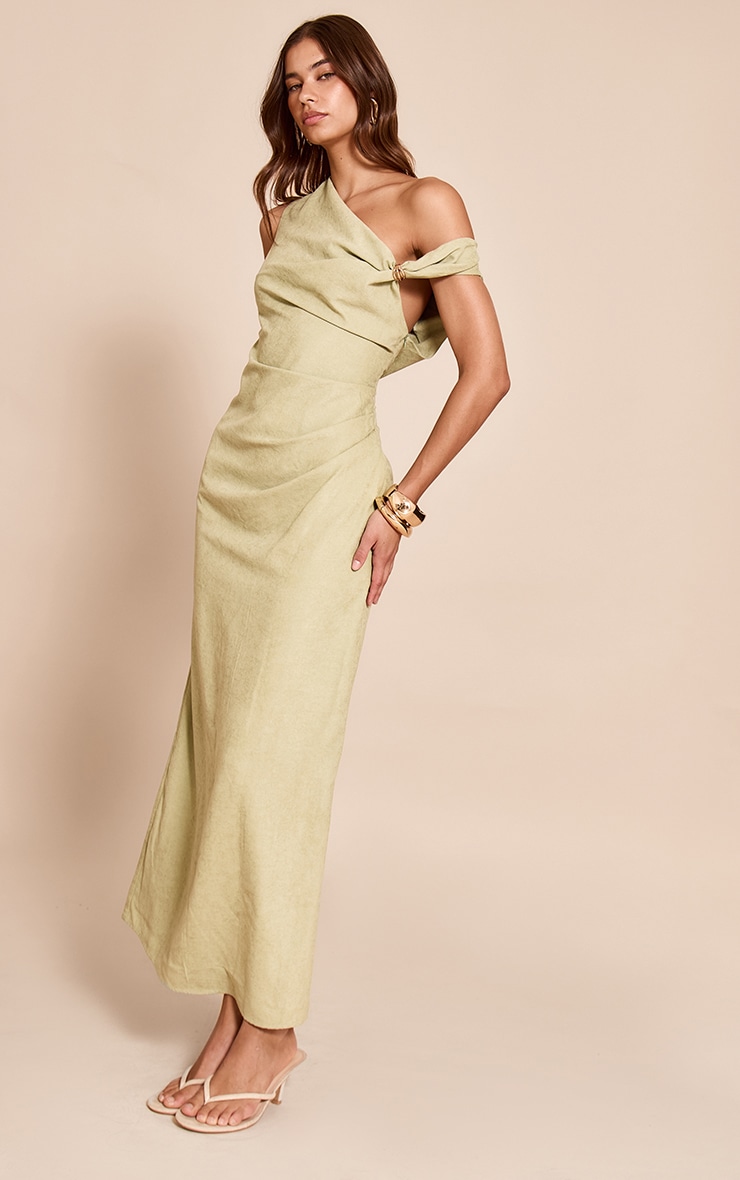 Sage Textured Off The Shoulder Trim Detail Midaxi Dress image 3