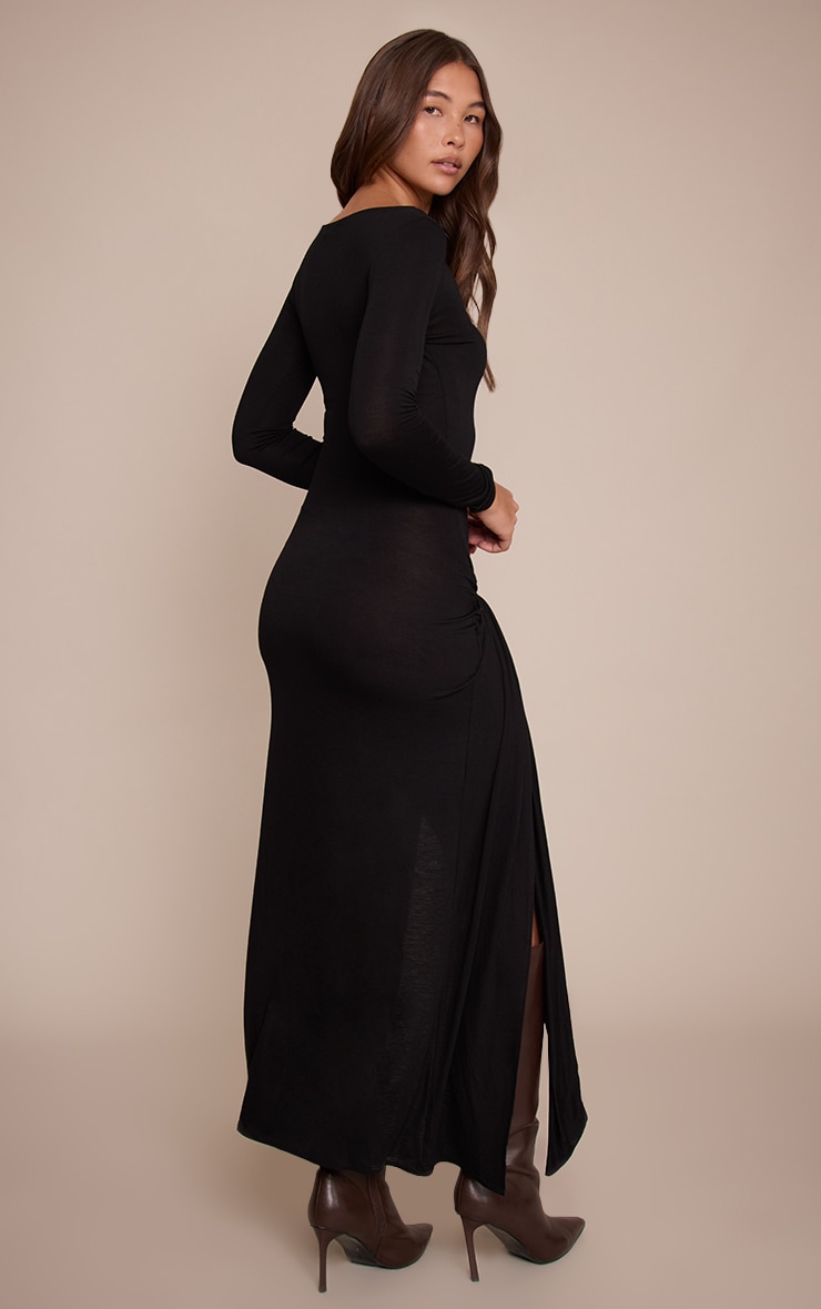 Black Jersey Knot Drape Detail Long Sleeve Maxi Dress image 2