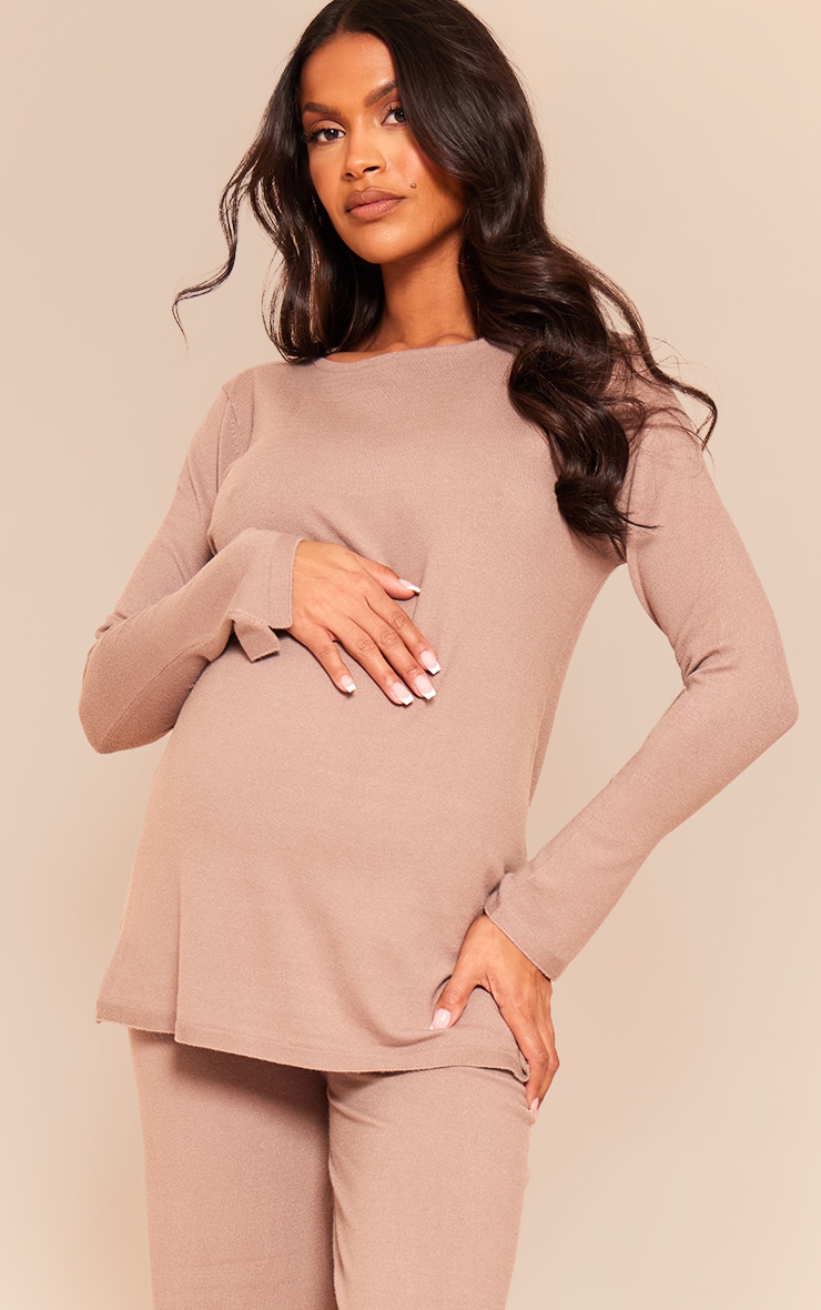 Maternity Mocha Knitted Crew Neck Sweater image 4