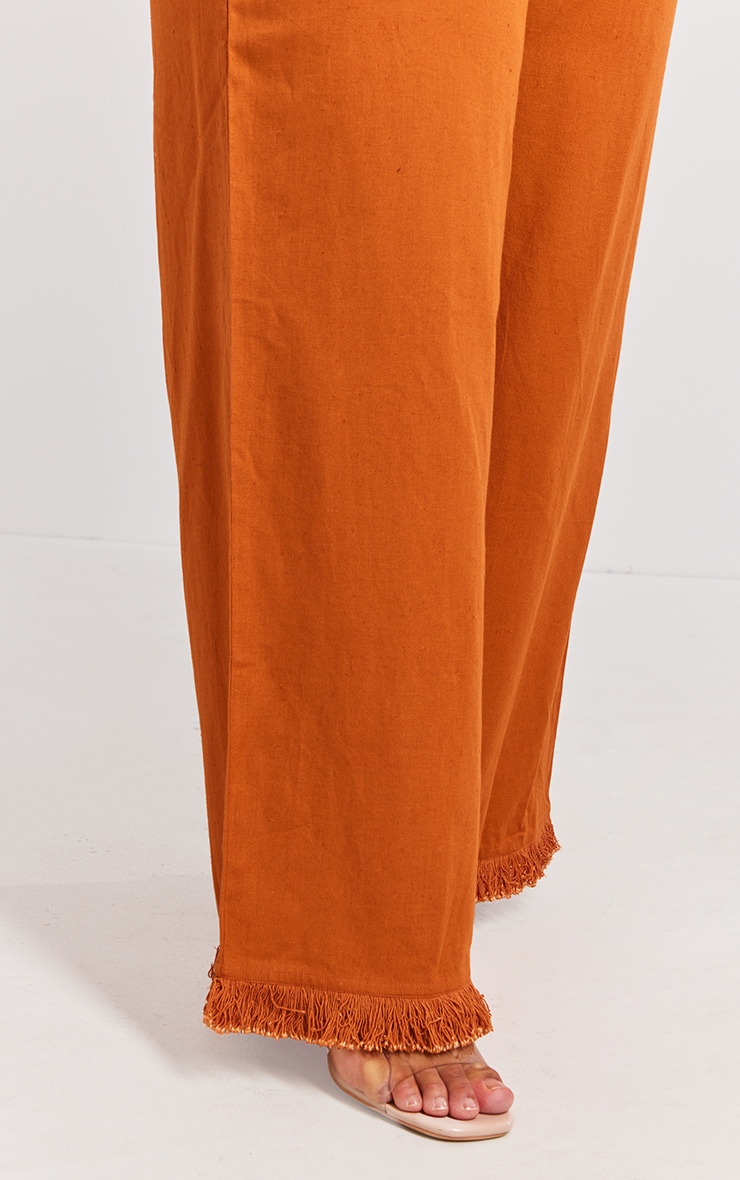 Plus Burnt Orange Linen Look Frayed Hem Wide Leg Trousers image 4