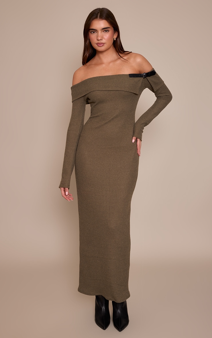 Khaki Textured Bardot Belt Detail Maxi Dress image 1