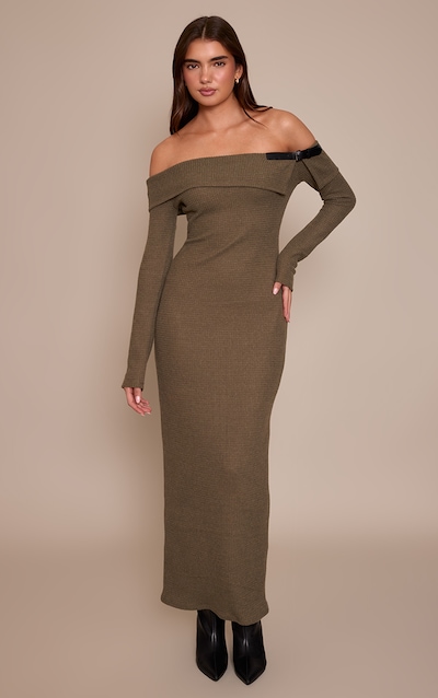 Khaki Textured Bardot Belt Detail Maxi Dress