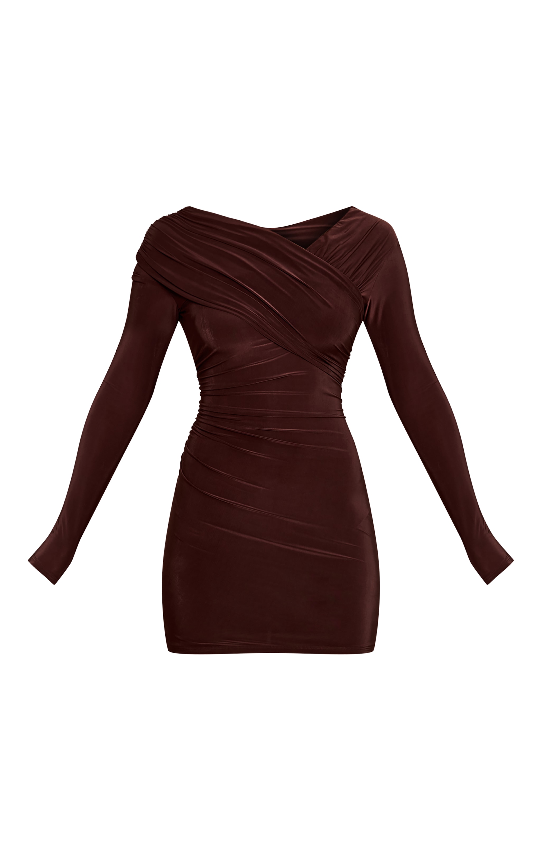 Chocolate Slinky Wrap Off The Shoulder Mini Dress image 5