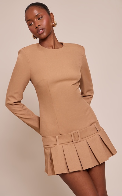 Camel Woven Belt Pleated Mini Shift Dress