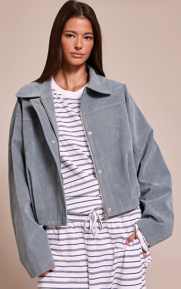 Dusty Blue Faux Suede Covered Placket Bomber Jacket