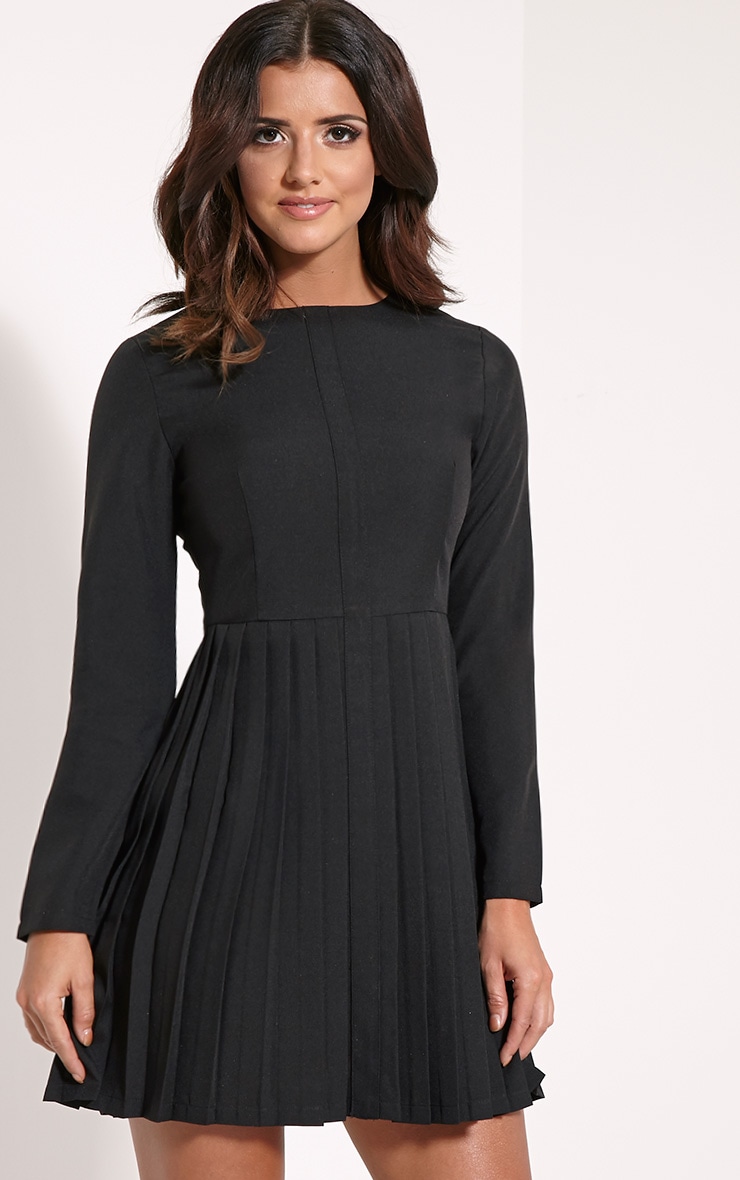 Kay Black Pleated Long Sleeve Mini Dress PrettyLittleThing