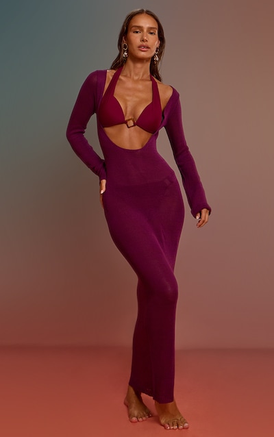Purple Knit Deep Plunge Maxi Beach Dress