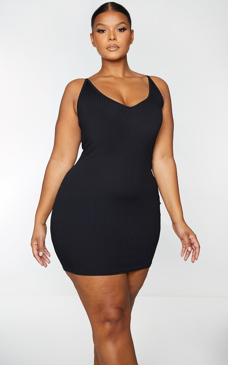 PLT Plus Robe moulante côtelée noire à décolleté plongeant