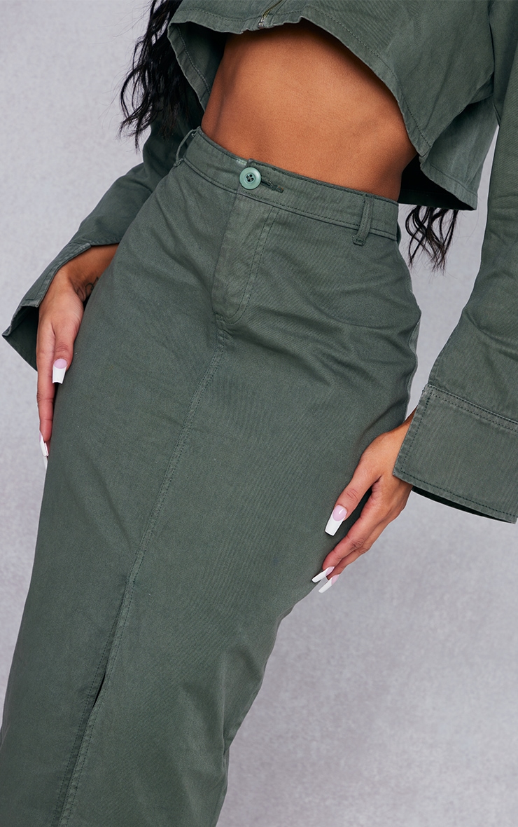 Khaki Twill Split Hem Midi Skirt image 4