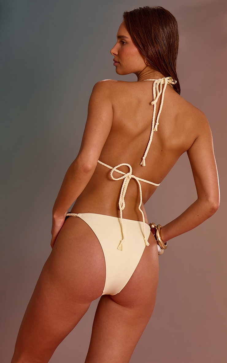 Cream Plaited Wood Ring Detail Tanga Bikini Bottoms image 2