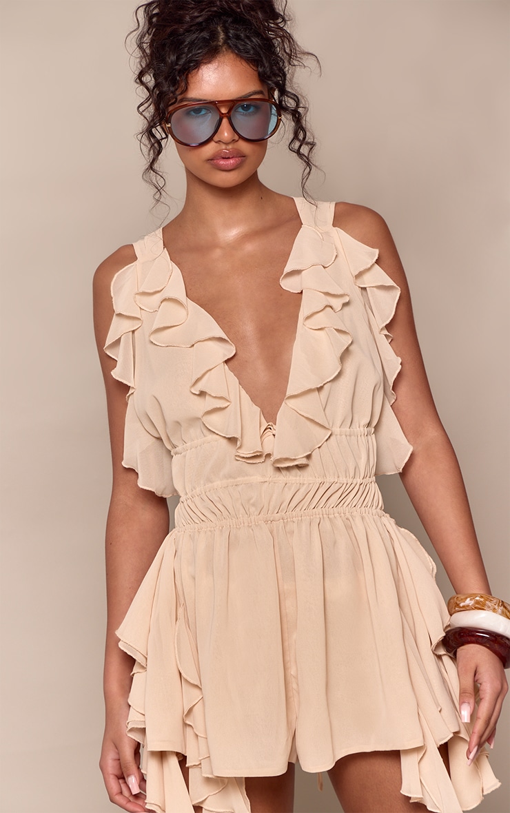 Almond Chiffon Plunge Frill Detail Playsuit