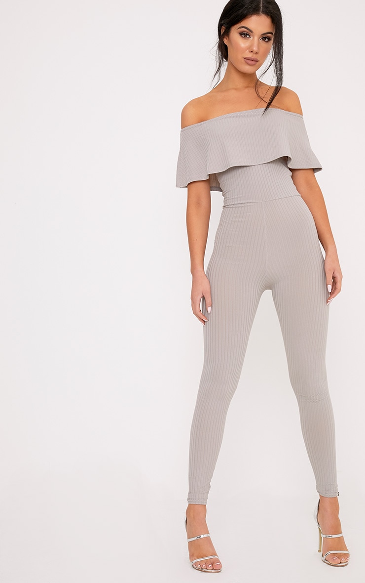Nancy Grey Bardot Ribbed Jumpsuit Jumpsuits PrettyLittleThing