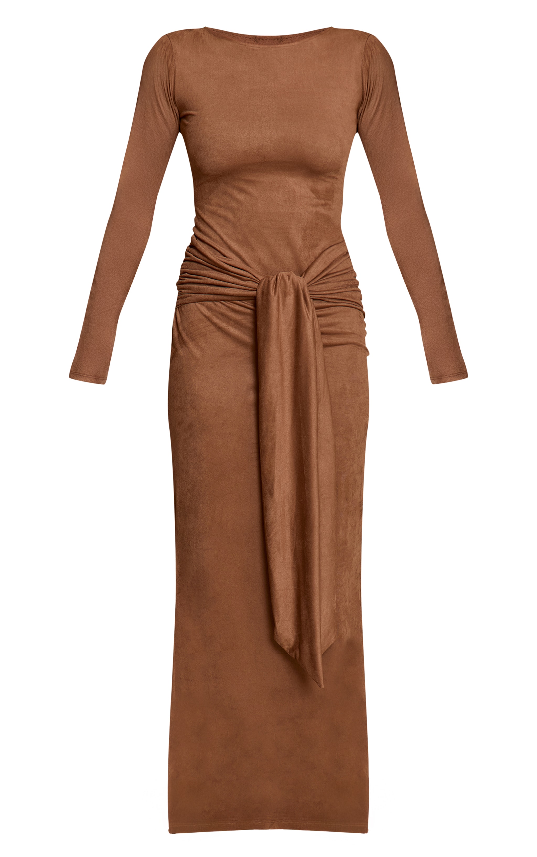Tan Faux Suede Knot Detail Long Sleeve Maxi Dress image 5