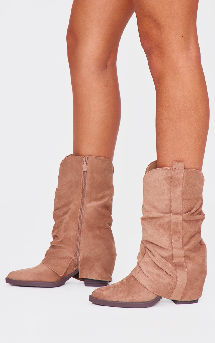 Brown Faux Suede Point Toe Slouchy Fold Over Calf High Western Boots image 2