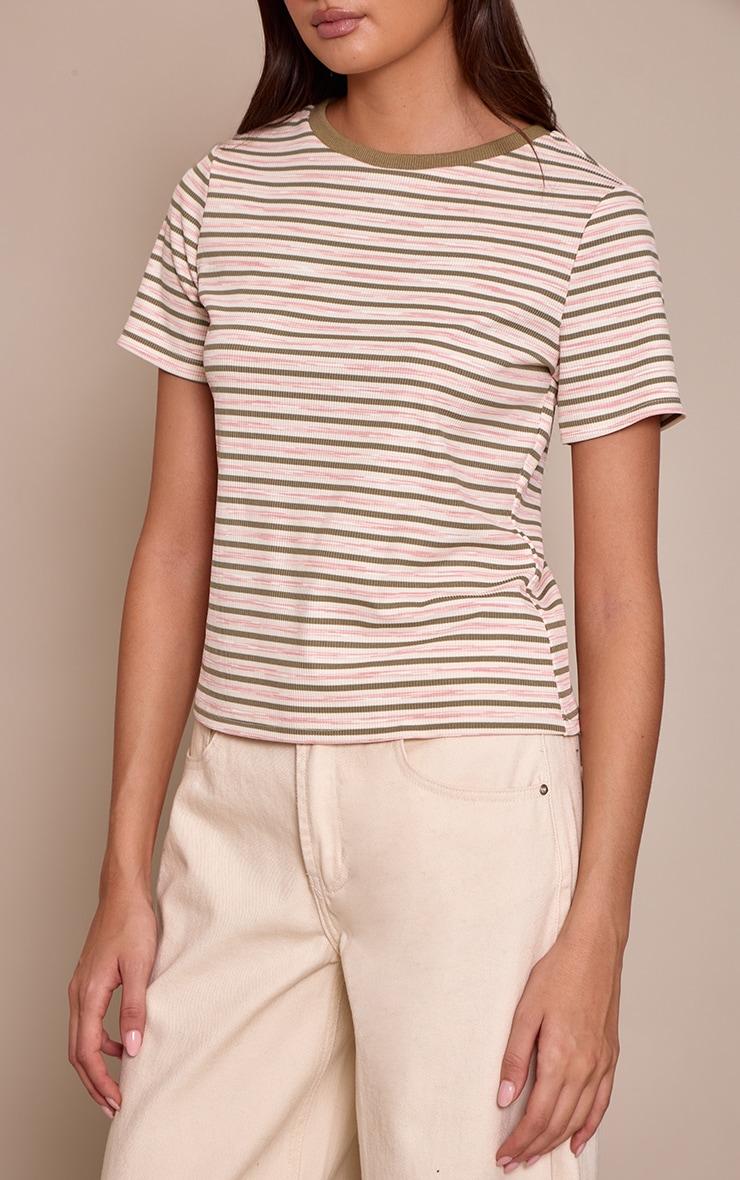 Khaki  Soft Rib Striped Detail  Fitted Short Sleeve Top  image 4