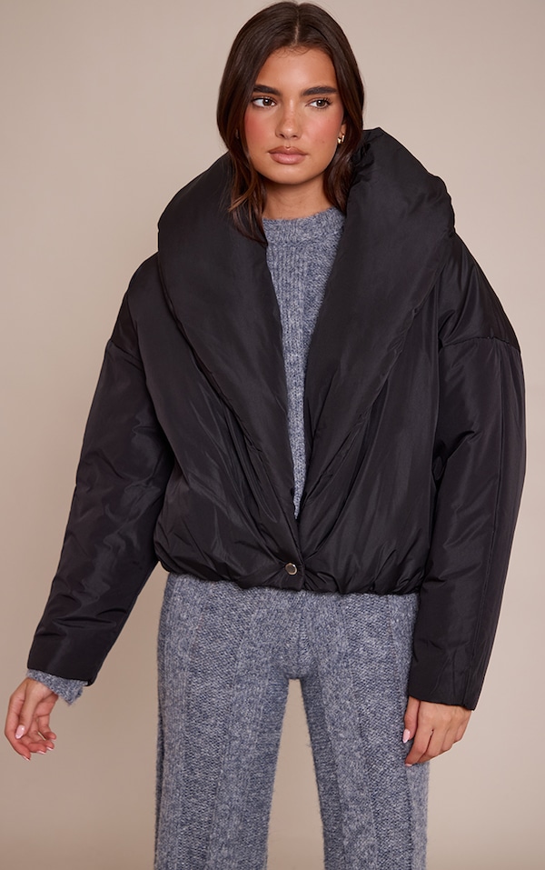 Black Exaggerated Collar Shell Puffer Jacket