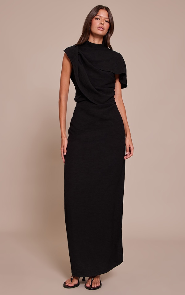 Black Textured High Neck Pleated Maxi Dress