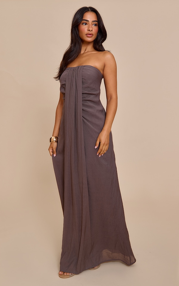 Petite Robe bustier droite longue taupe à détail drapé