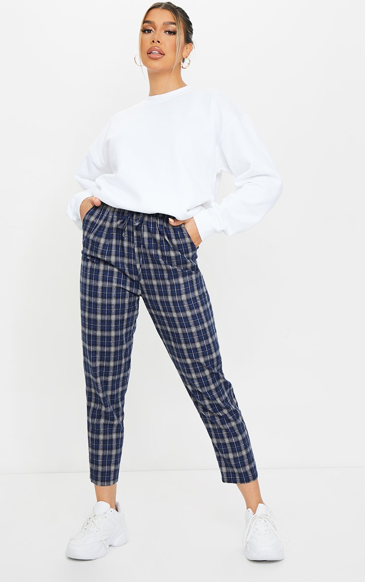 Navy Check Diya Casual Cigarette Trouser