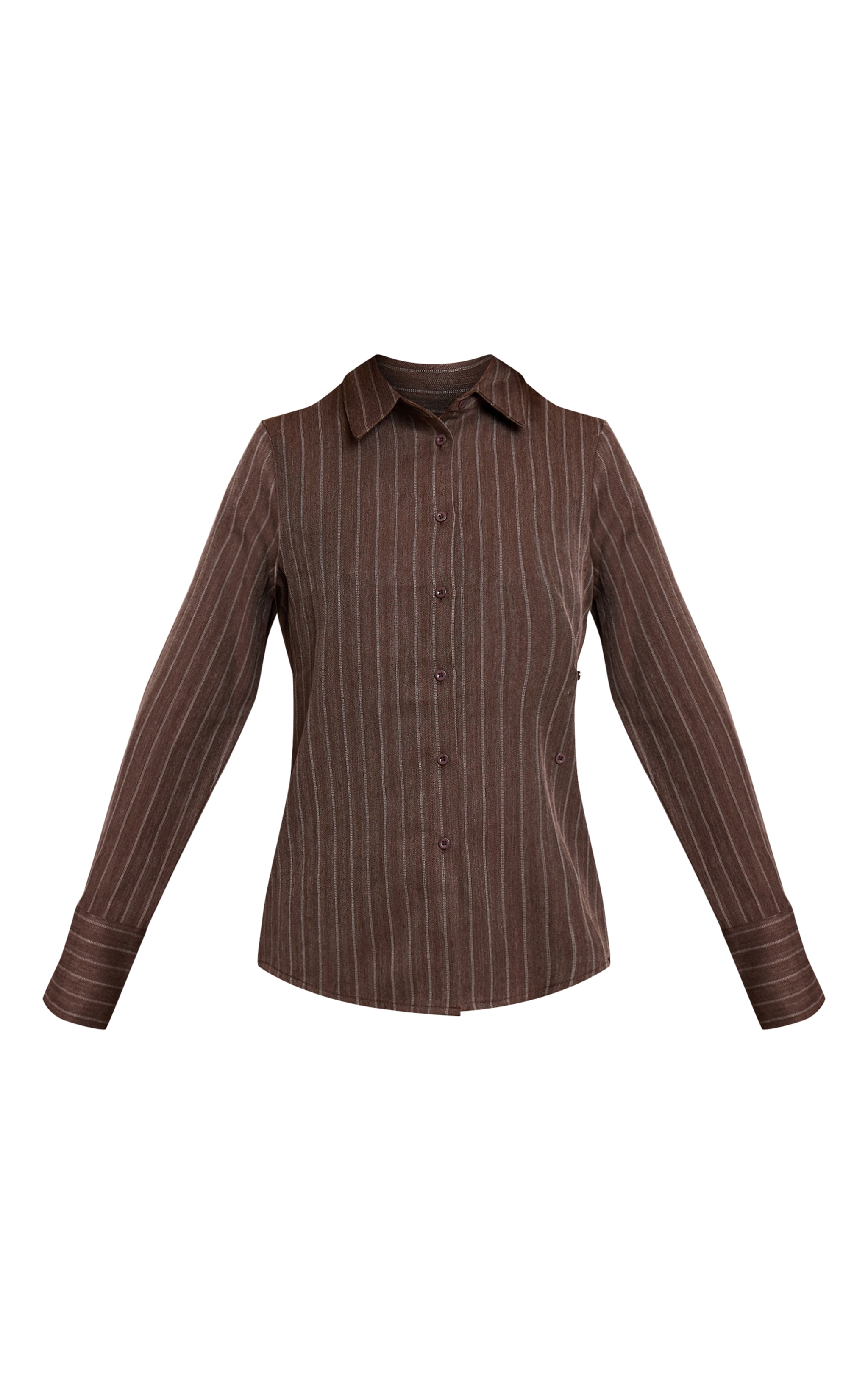 Brown Pinstripe Woven Asymmetric Button Shirt image 5