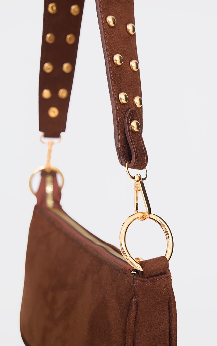 Chocolate Faux Suede Studded Handle Shoulder Bag image 4