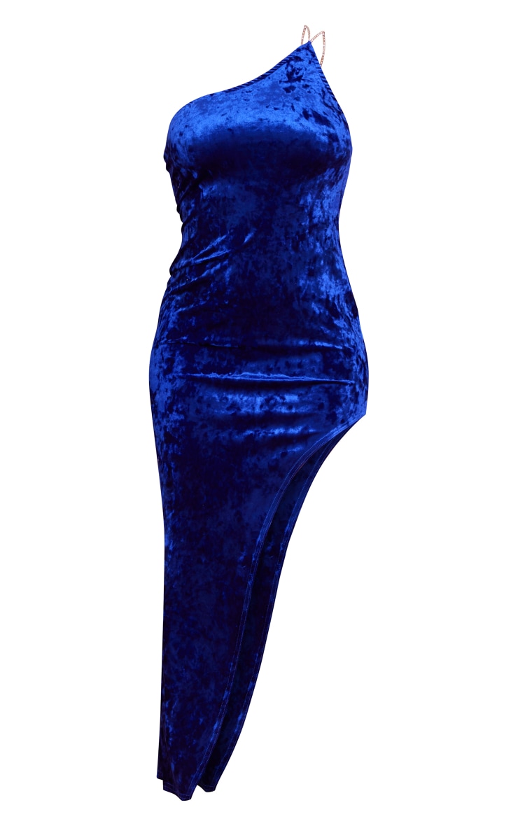 Robe mi-longue asymétrique bleu vif en velours frappé à bretelles strassées image 5