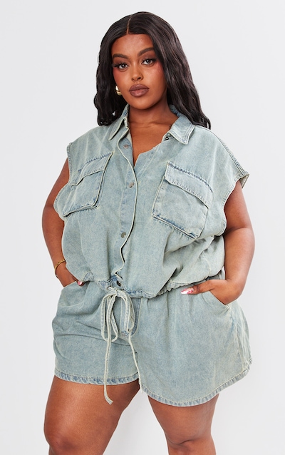 Plus Top en jean délavé vintage clair sans moches à détail boutons-pression