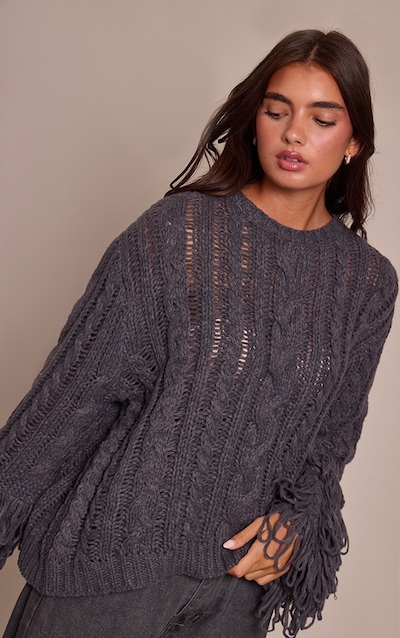 Charcoal Cable Knit Loop Trim Sweater