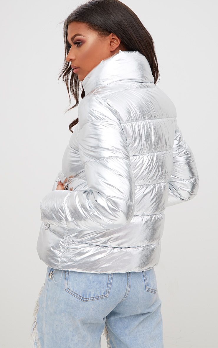 Silver Foil Puffer Jacket. Coats & Jackets PrettyLittleThing