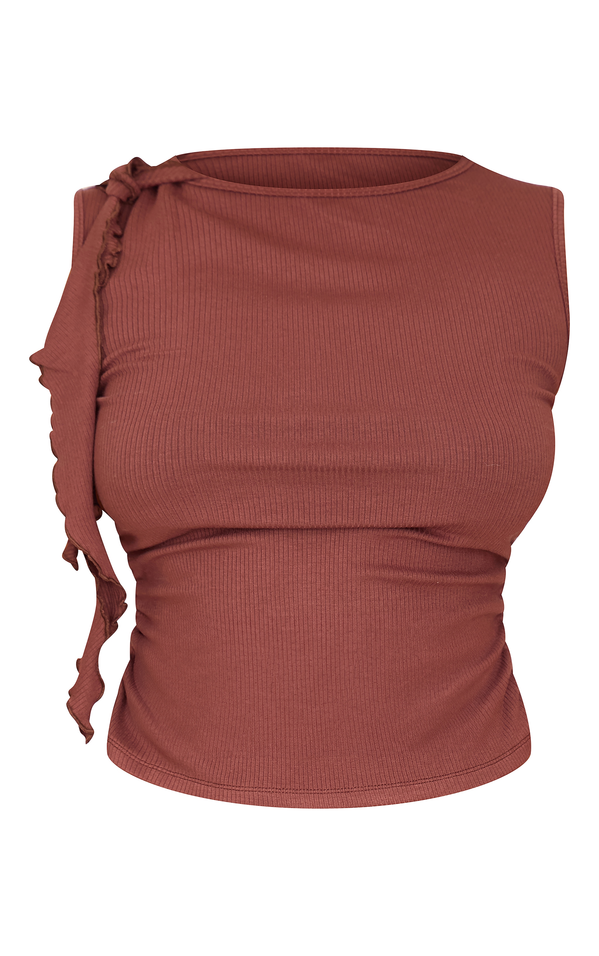 Petite Chocolate Ribbed Sleeveless Ruched Side Top image 5