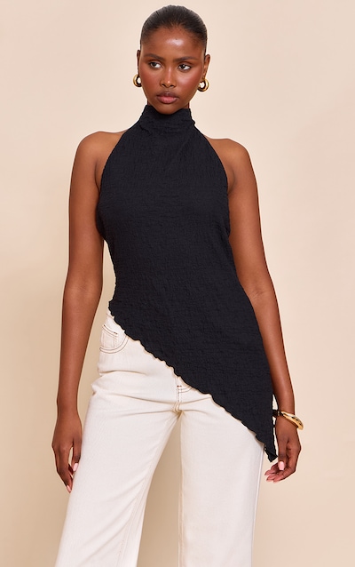 Black Textured High Neck Asymmetric Hem Detail Long Top