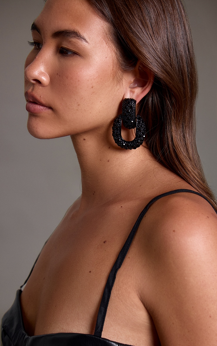 Black Diamante Door Knocker Statement Earrings image 1