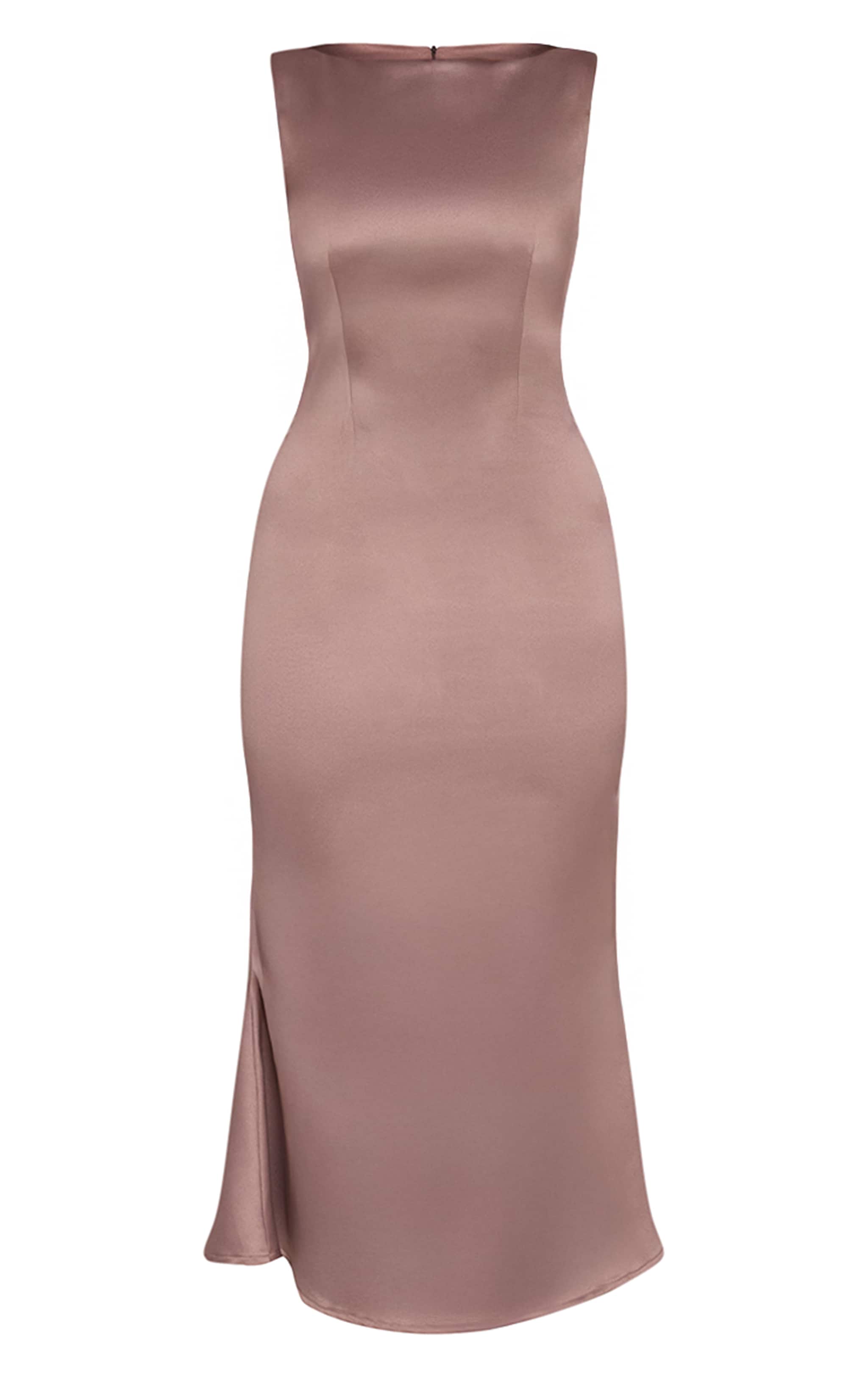 Robe mi-longue sirène satinée taupe à col bateau image 5