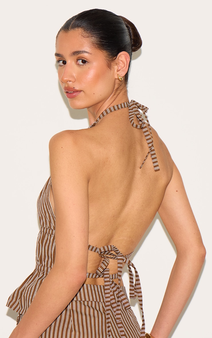 Tall Chocolate Stripe Woven Ruched Backless Long Top image 2