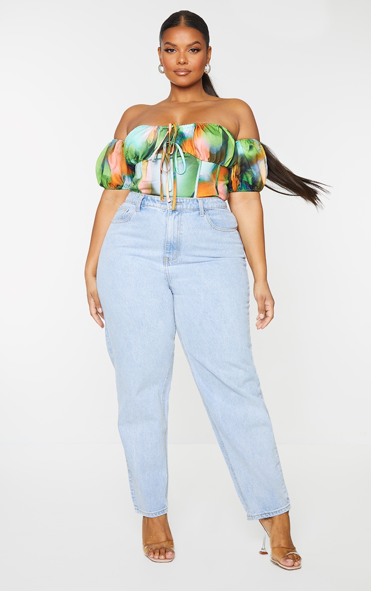 Plus Multi Abstract Print Tie Front Bardot Corset Top