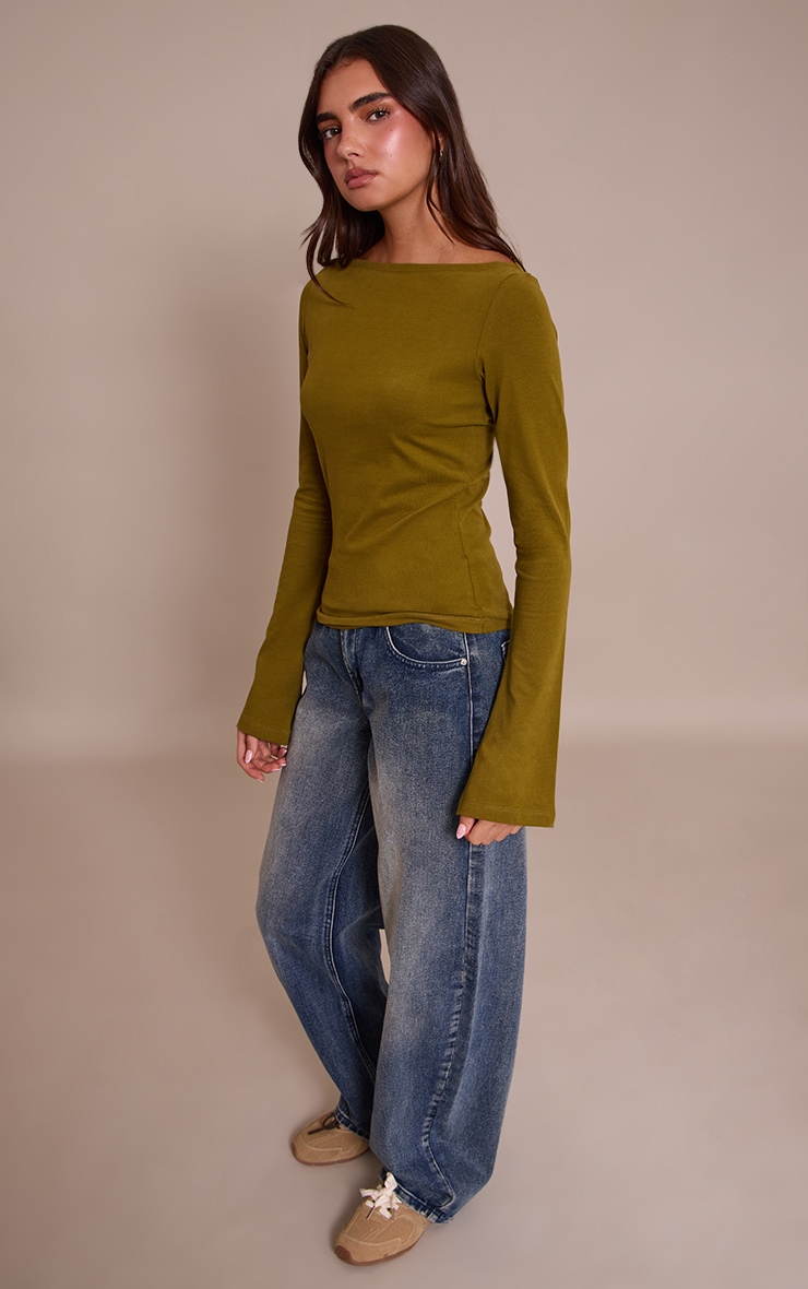 Olive Soft Cotton Boat Neck Flared Long Sleeve Top image 3