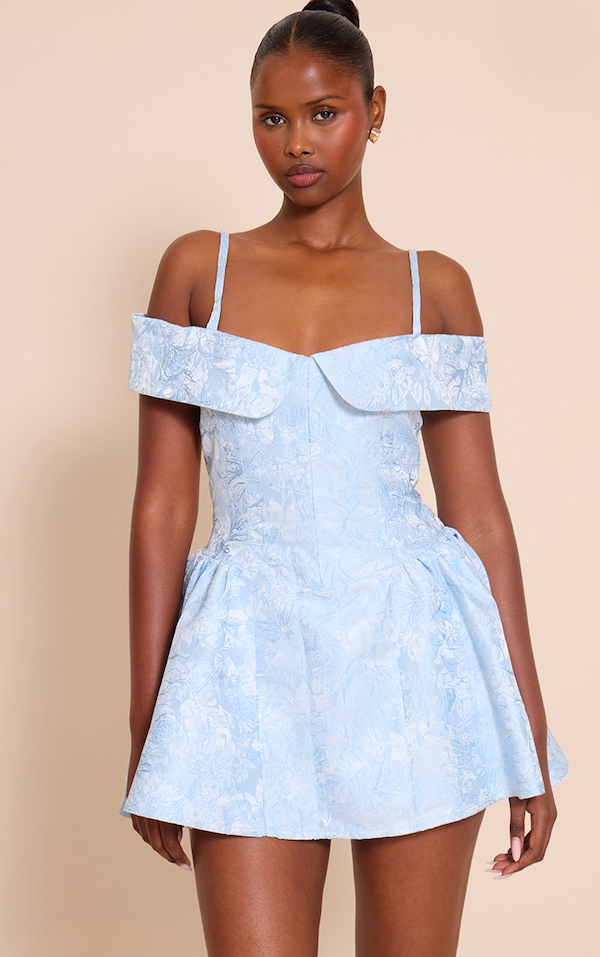 Light Blue Jacquard Bardot Shift Dress