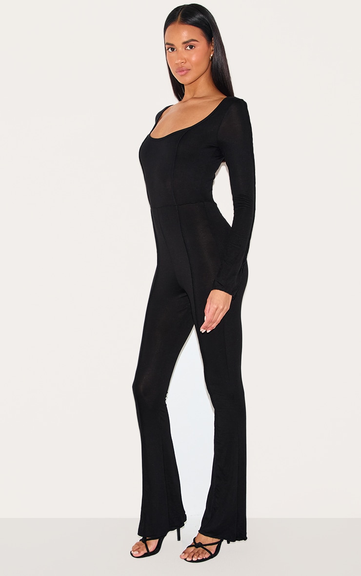 Black Jersey Seam Detail Split Sleeve Jumpsuit image 3