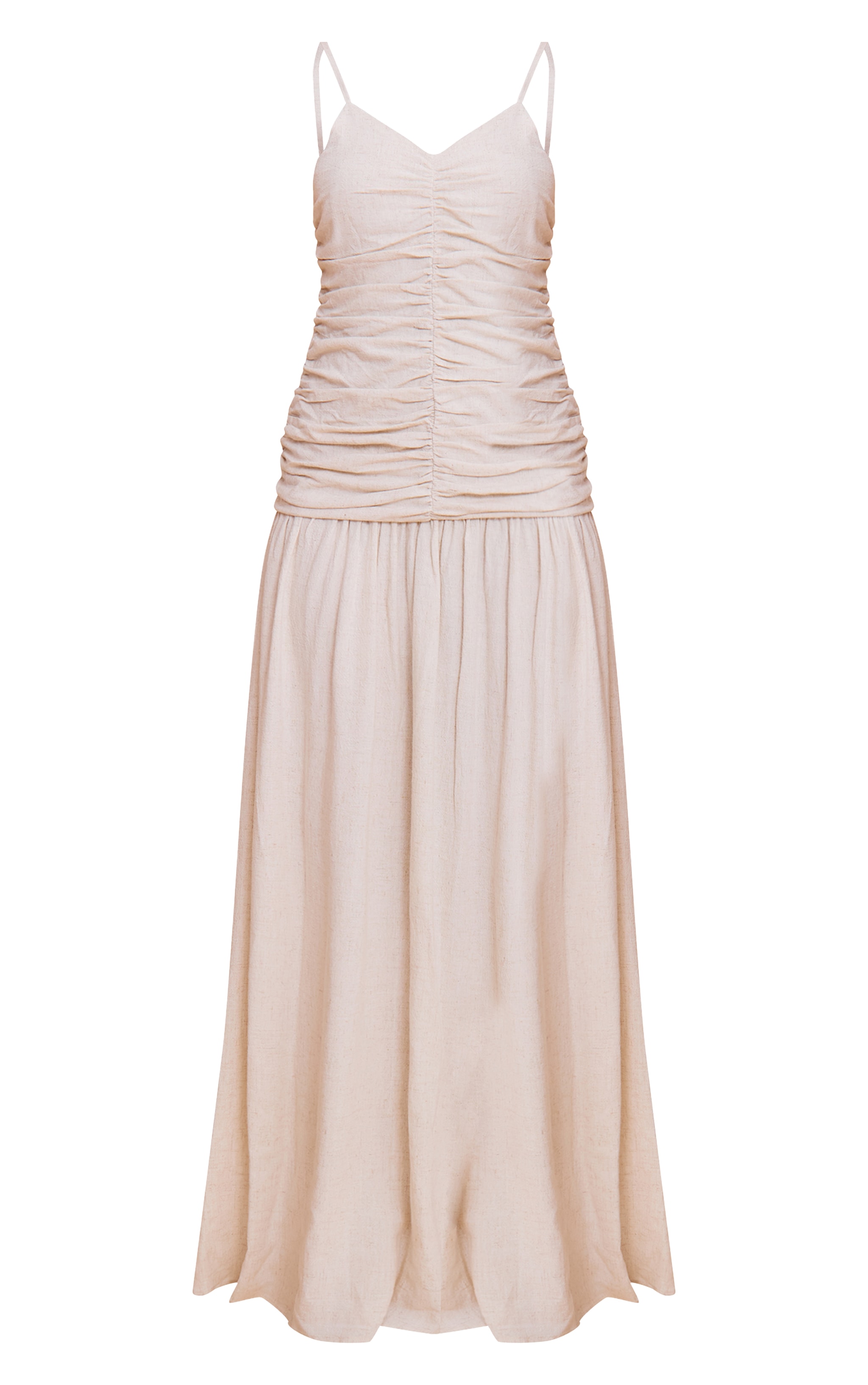 Natural Textured Linen Look Woven Ruched Detail Dropped Hem Maxi Dress image 5