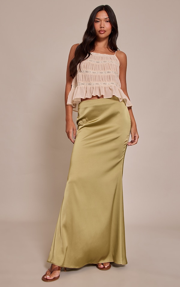 Sage Khaki Satin Floaty Maxi Skirt