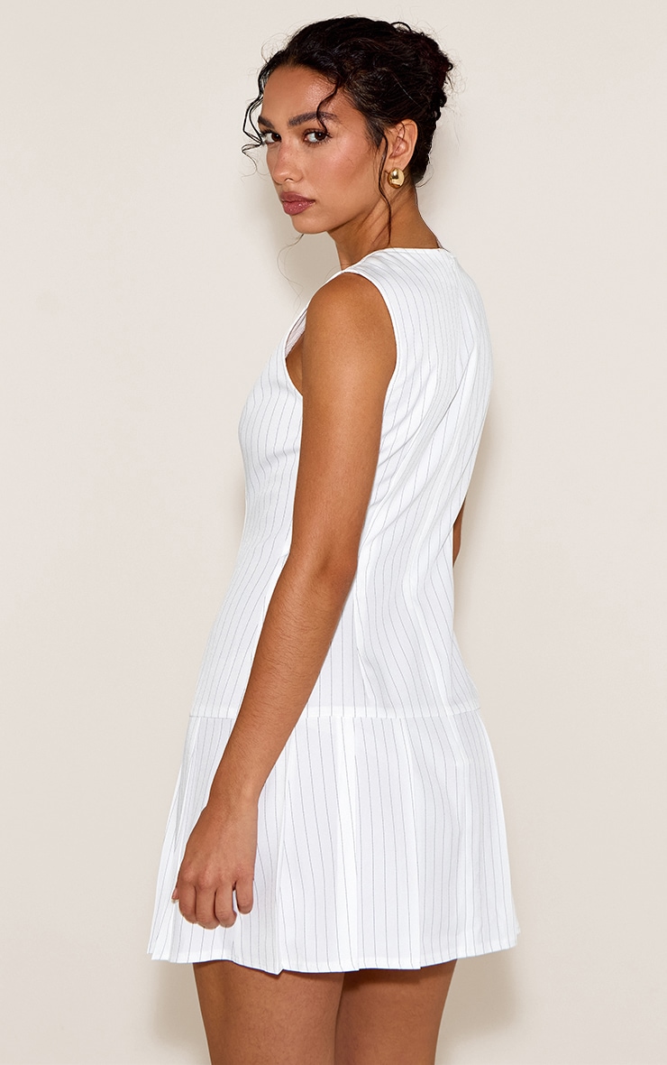 White Pinstripe Button Down Pleated Hem Shift Dress image 2