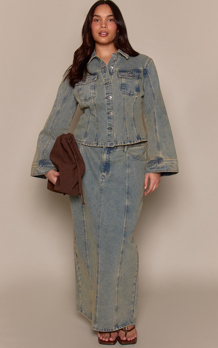 Plus Vintage Blue Seam Detail A-Line Denim Maxi Skirt