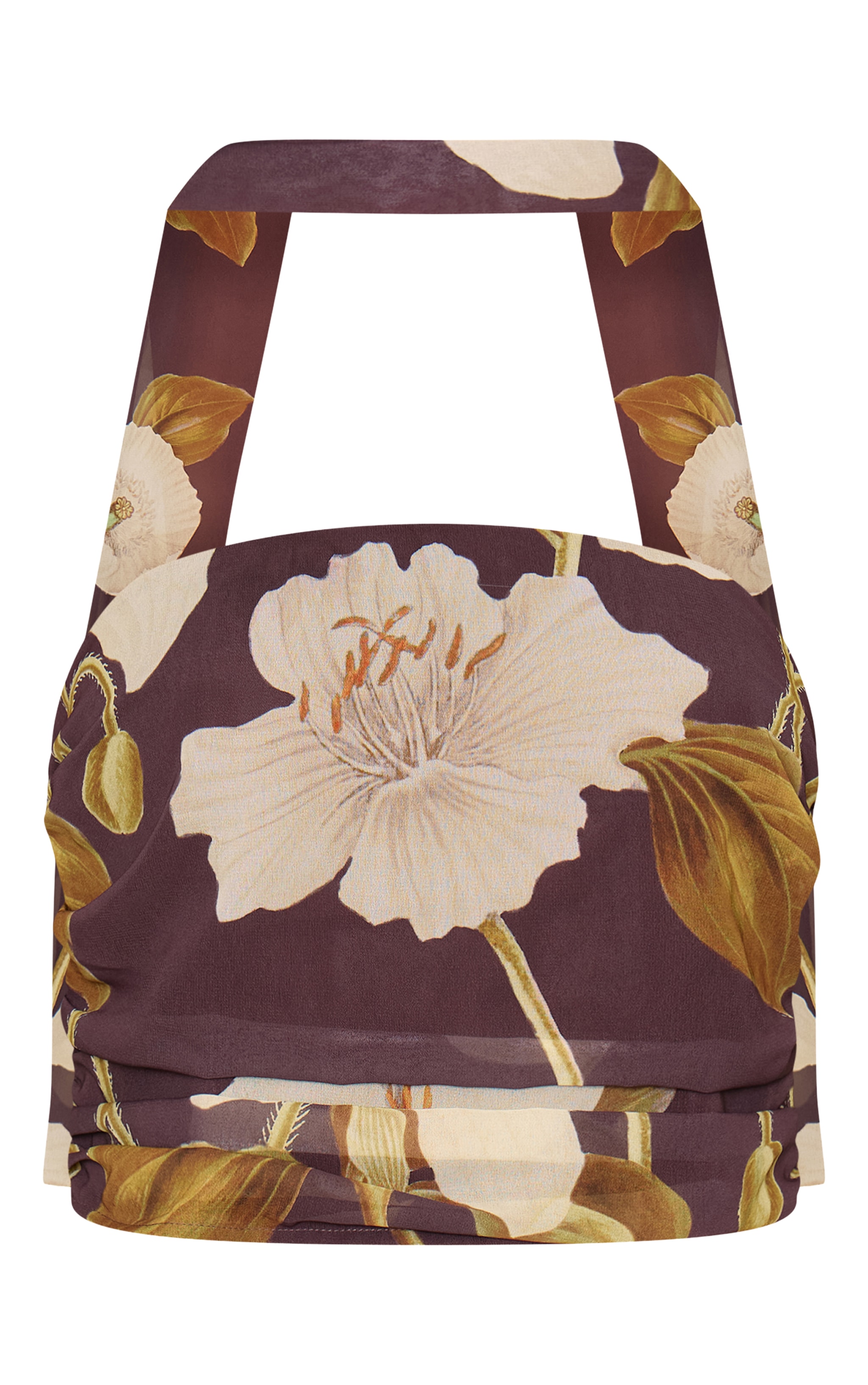 Dark Chocolate Floral Printed Chiffon Scarf Detail Ruched Bandeau Top image 5